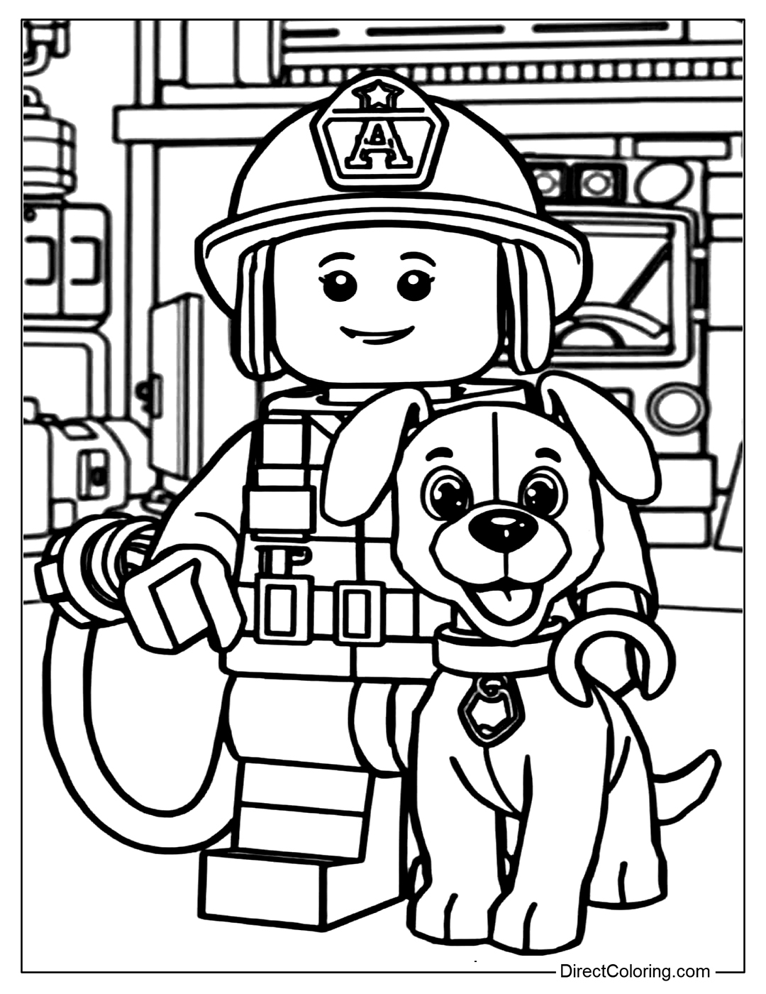 Lego Firefighter with Dog Coloring Page